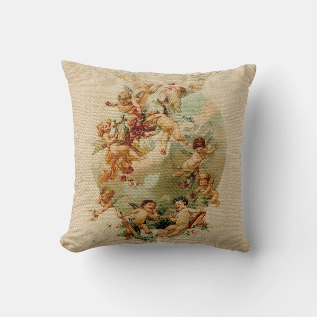 Himmelsk ängelCherubsvintage skrivar Burlap Kudde (Framsida)
