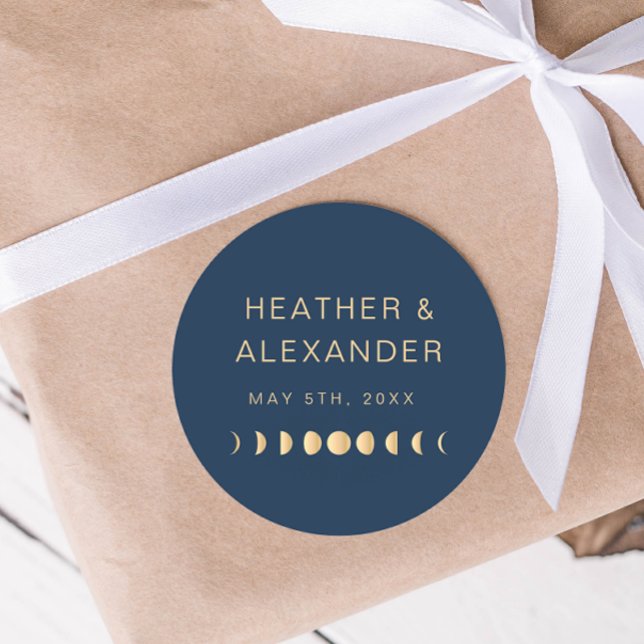 Himmelsk Bröllop Runt Klistermärke (Navy Blue and Gold Celestial Wedding Classic Round Sticker
)