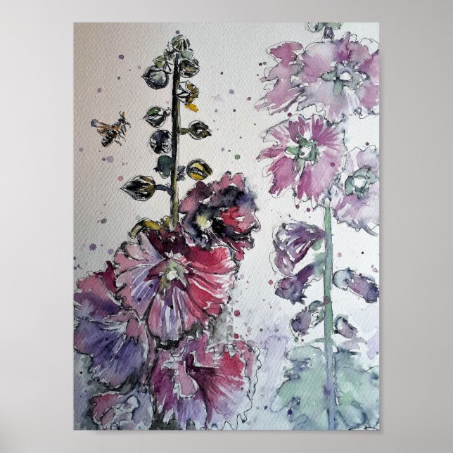 Himmelsk Hollyhocks Watercolor Painting Print Poster (Framsidan)