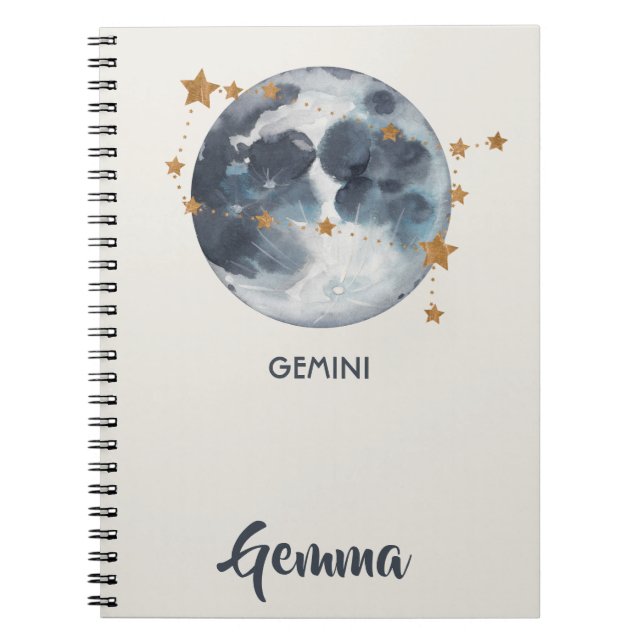 Himmelsk journal för Gemini för Zodiacmånestjärnor Anteckningsbok (Framsidan)