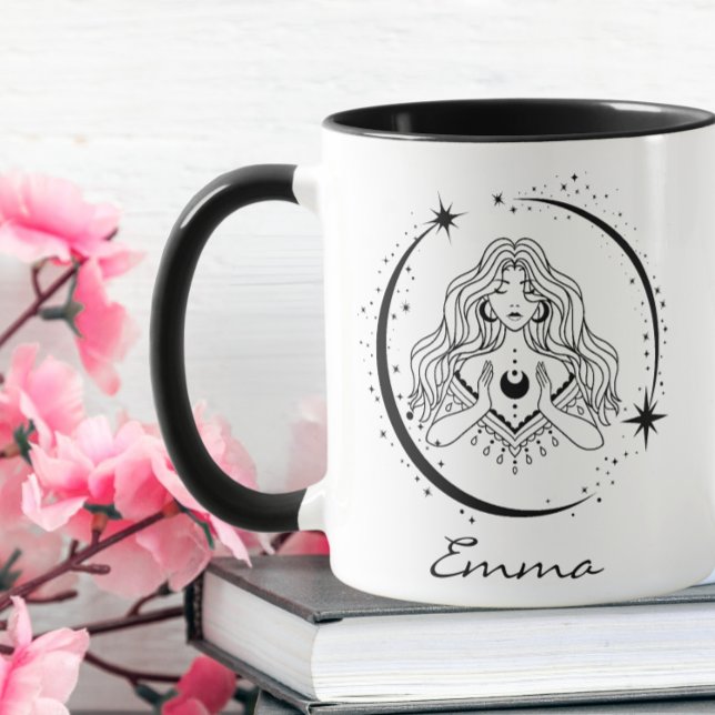 Himmelsk kvinna, måne stjärnor, boho, elegant astr mugg (Skapare uppladdad)