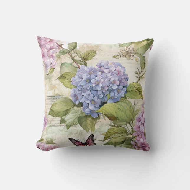 Himmelsk Lila Hydrangea och Butterfly Harmony Kudde (Framsida)