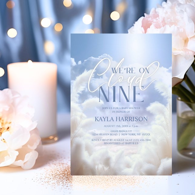 Himmelsk på Cloud 9 9 Pampas Baby Shower Inbjudningar (Heavenly On Cloud Nine 9 Pampas Baby Shower Invitation)