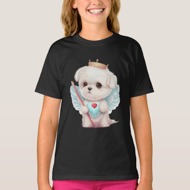 Himmelska Kärlek: Cute Angel Malese Hund Puppy T Shirt (Framsida)
