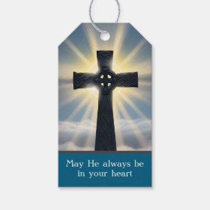 Himmelska keltiska Kor Teal Blue First Communion Presentetikett