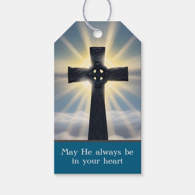 Himmelska keltiska Kor Teal Blue First Communion Presentetikett (Framsidan)