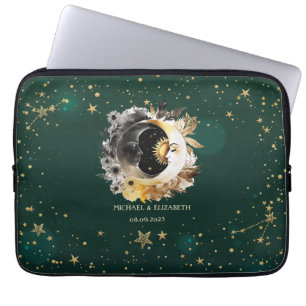 Himmelska sol- och månblommor stjärnor grön laptop fodral