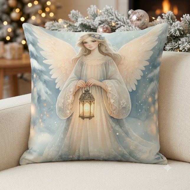 Himmelska Vinterängel Lanternan av Nåde Kudde (Celestial Winter Angel Lantern of Grace Throw Pillow)