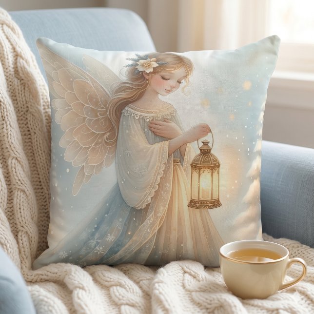 Himmelska Vinterängel Lyktan av Tröst Kudde (Celestial Winter Angel Lantern of Comfort Throw Pillow)