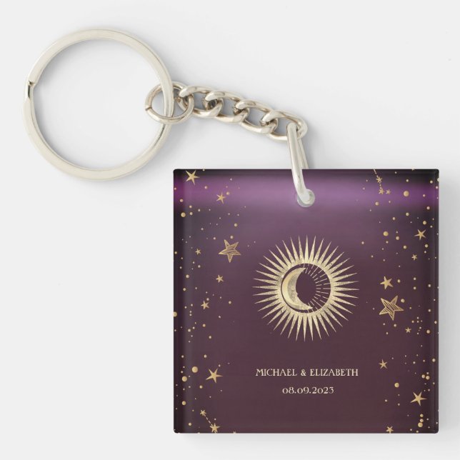 Himmelskt Guld Sol Och Måne Stjärnor Burgunder (Framsidan)
