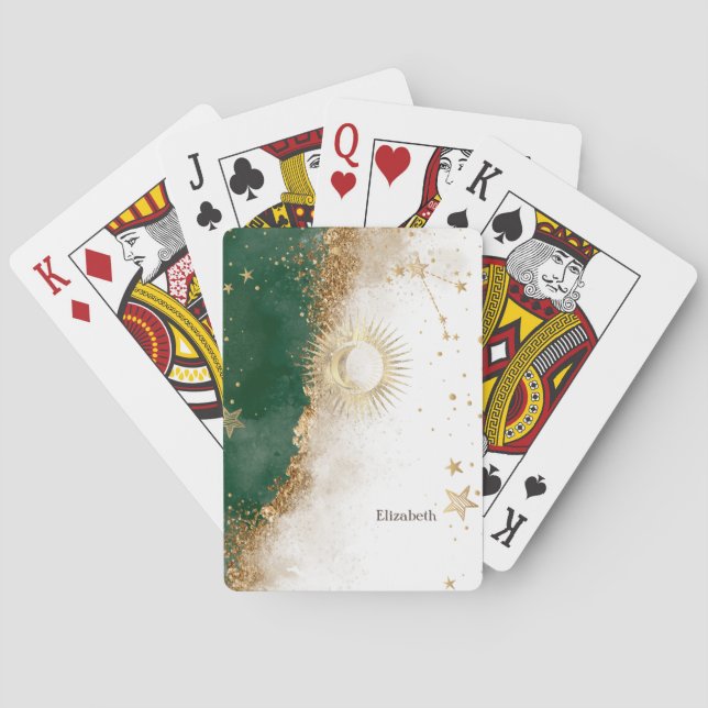 Himmelskt Guld Sol Och Måne Stjärnor Grön Casinokort (Baksidan)