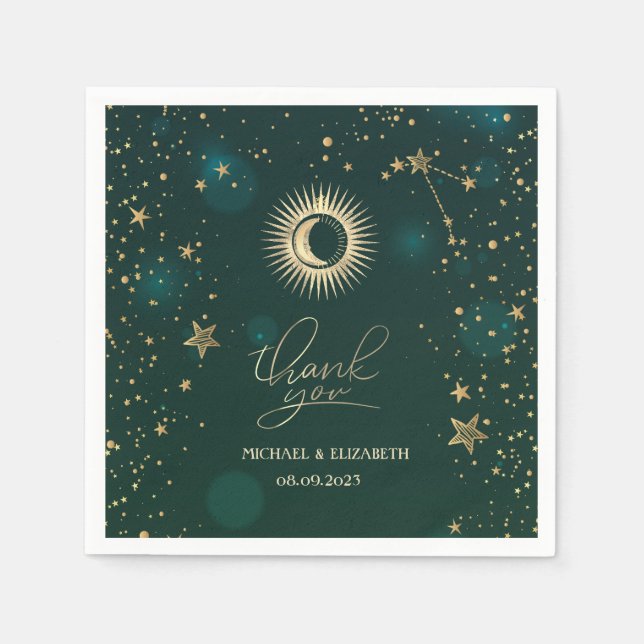 Himmelskt Guld Sol Och Måne Stjärnor Grön Pappersservett (Framsidan)