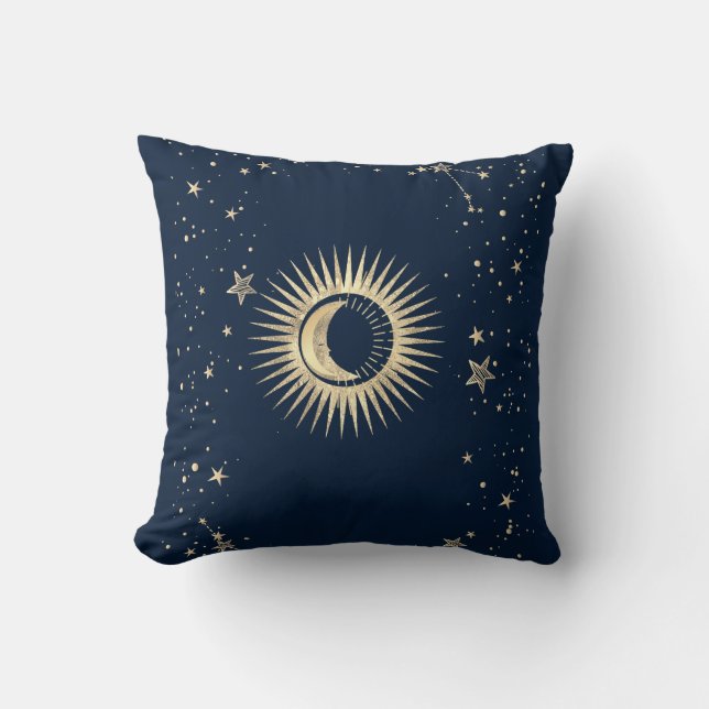 Himmelskt guld Sol Och Måne Stjärnor  Kudde (Framsida)