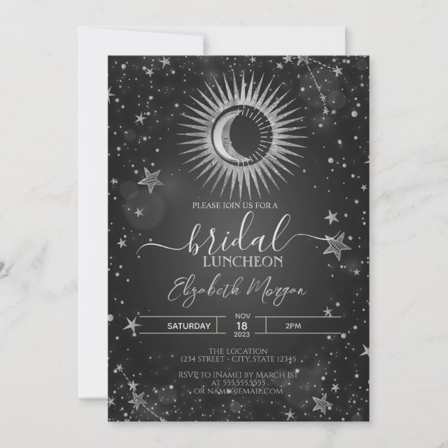 Himmelskt silver Sol,Måne,Stjärnor Bröllunslunch Inbjudningar (Framsida)