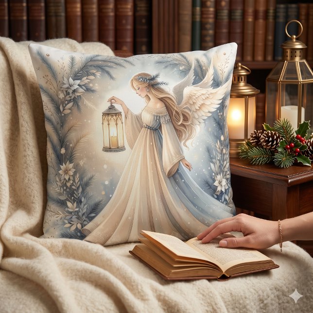 Himmelskt vinterängel Lyktan för fred Kudde (Celestial Winter Angel Lantern of Peace Throw Pillow)