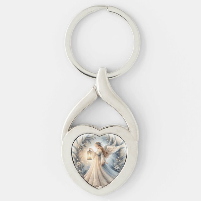 Himmelskt vinterängel Lyktan för Fred Twisted Heart Silverfärgad Nyckelring (Framsidan)