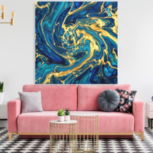 Himmering Gold & Deep Sea Blue Fluid Akryl Abstrak Canvastryck