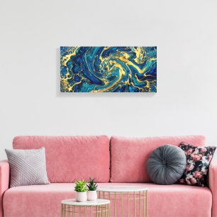 Himmering Gold & Deep Sea Blue Fluid Akryl Abstrak Canvastryck