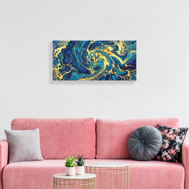 Himmering Gold & Deep Sea Blue Fluid Akryl Abstrak Canvastryck (Insitu (Vardagsrum))