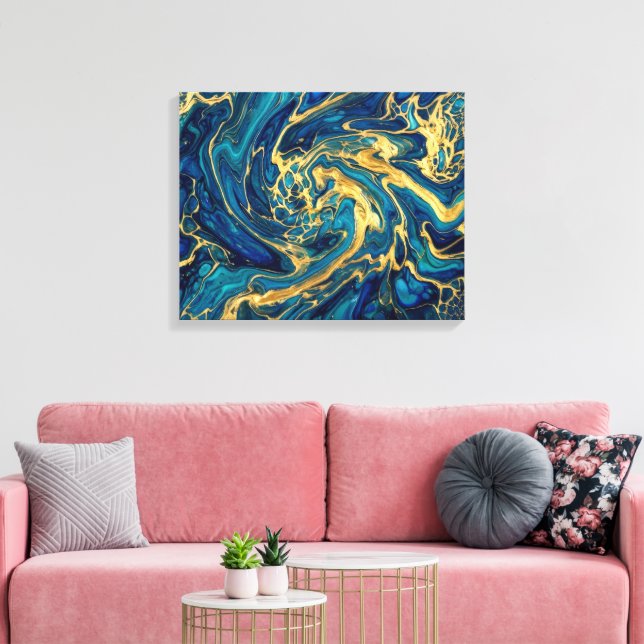 Himmering Gold & Deep Sea Blue Fluid Akryl Abstrak Canvastryck (Insitu (Vardagsrum))