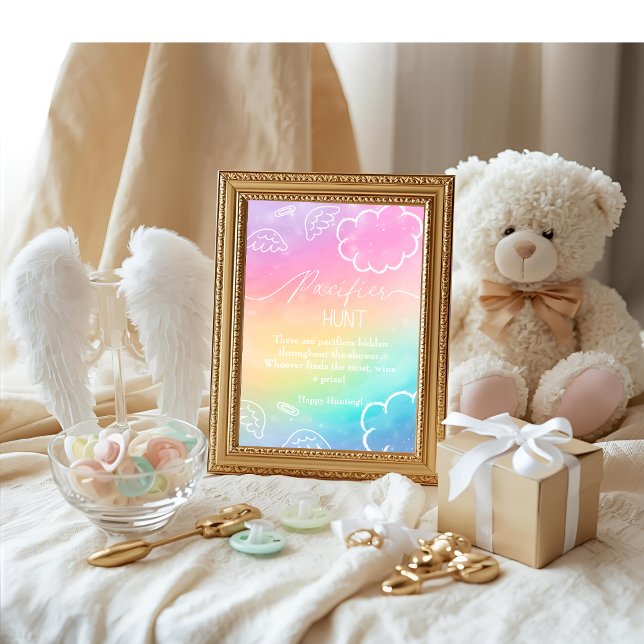 Himmlig bebisfest Rainbow Nappjakt spel Inbjudningar (Heavenly baby shower Rainbow Pacifier Hunt game)