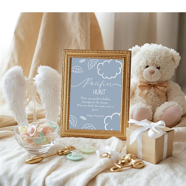 Himmlig bebissalong blå Nappjakt spel Inbjudningar (Heavenly baby shower blue Pacifier Hunt game)