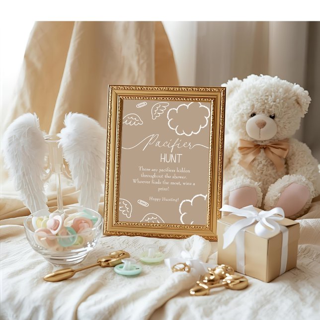 Himmlig bebisshower beige Nappjakt spel Inbjudningar (Heavenly baby shower beige Pacifier Hunt game)