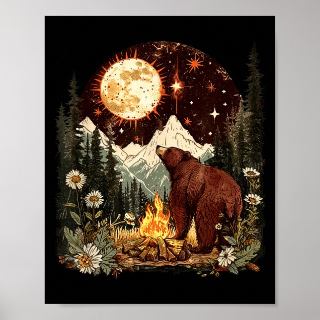 Himmlig björn lägereld måne camper camping poster (Framsidan)