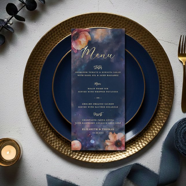 Himmlig Blommig Galax Stjärnklar Blå Bröllop Meny (celestial floral galaxy wedding menu watercolor navy blue starry night written in the stars)