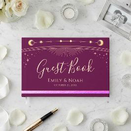 Himmlig Fuchsia Guld Sol Måne Stjärnor Bröllop Gästböcker