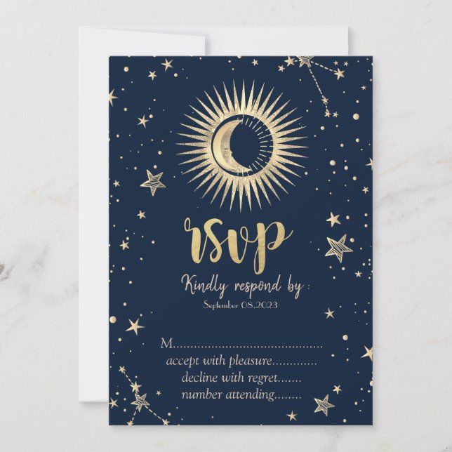 Himmlig Guld Sol Och Måne Stjärnor RSVP Inbjudningar (Framsida)