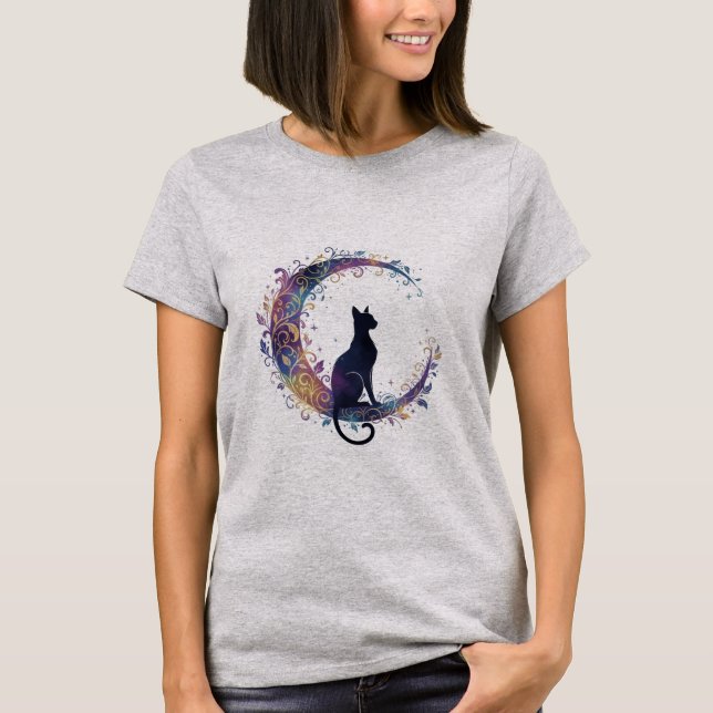 Himmlig Mystisk Katt & Halvmåne Konst T-shirt (Framsida)