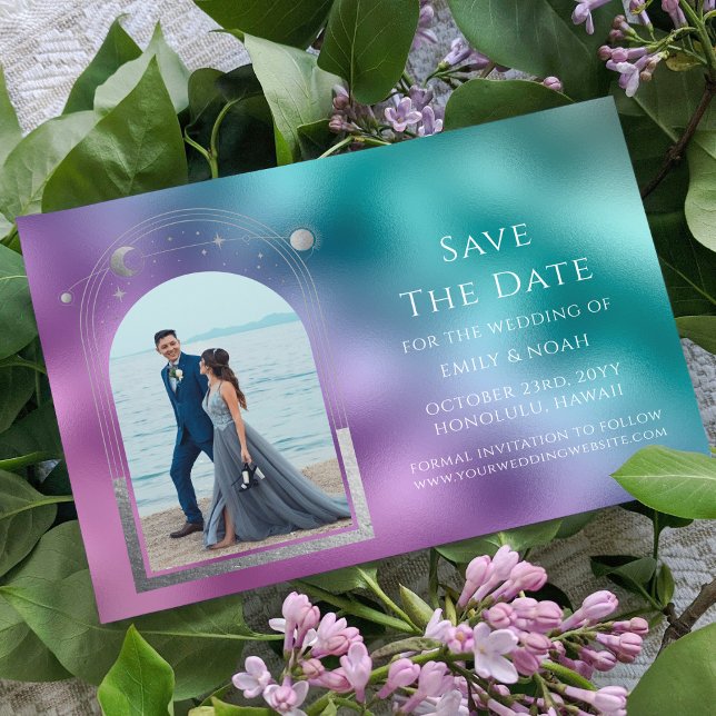 Himmlig Teal Lila Silver Fotografi Bröllop Spara Datumet (Skapare uppladdad)