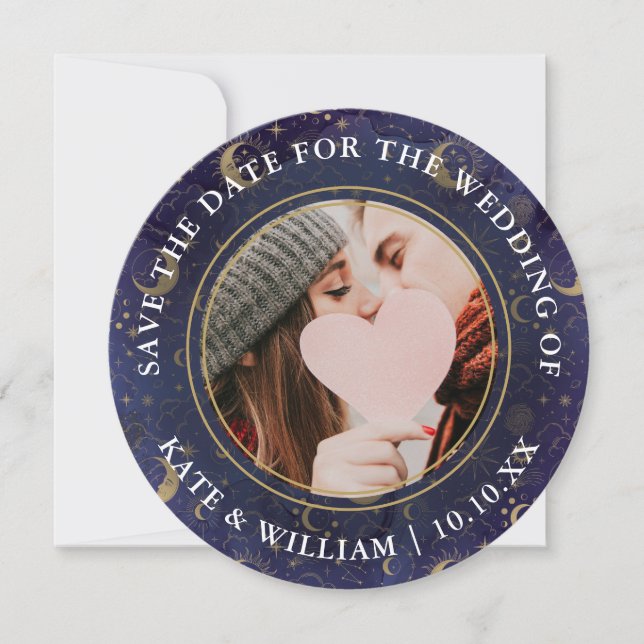 Himmliga andliga guldstjärnor måne stjärnor bröllo spara datumet (Framsida)