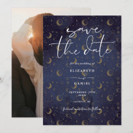 Himmliga Mystiska Stjärnor Och Månad Foto Bröllop Spara Datumet