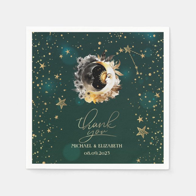 Himmliga sol- och månblommor stjärnor grön pappersservett (Framsidan)