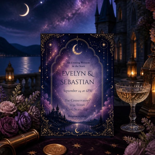 Himmligt bröllopsinbjudan | Månbelyst slott Inbjudningar (Moonlit castle celestial wedding invitation with purple galaxy sky and elegant gold Art Deco details)
