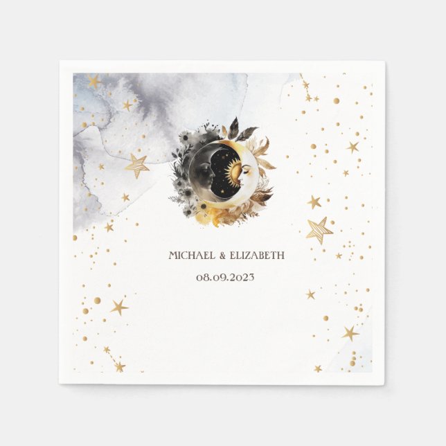 Himmligt Guld Sol,Måne,Stjärnor Blommor Pappersservett (Framsidan)