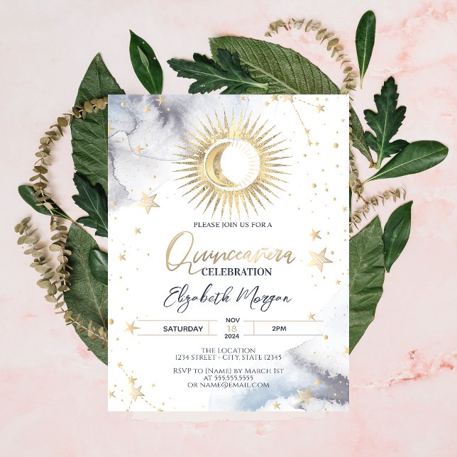Himmligt Guld Sol,Måne,Stjärnor Quinceañera Inbjudningar (Skapare uppladdad)