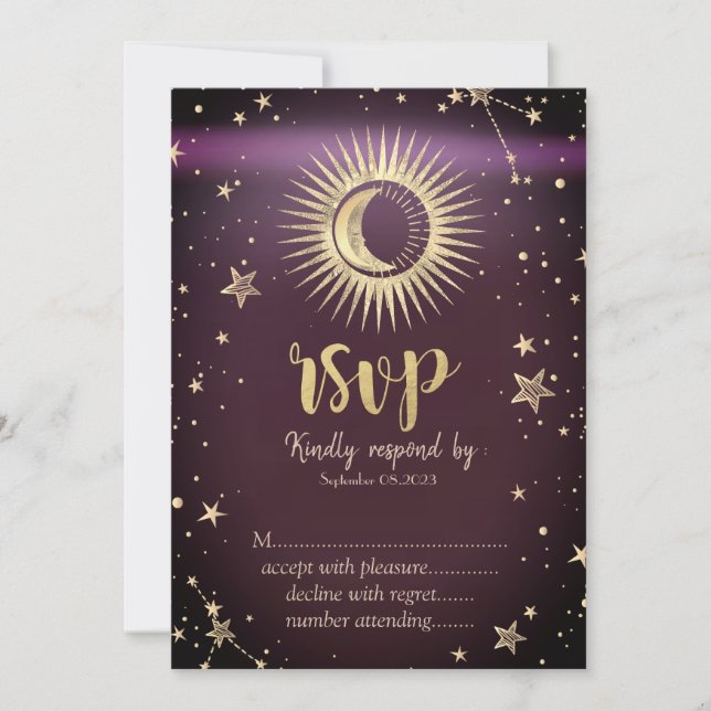 Himmligt Guld Sol Och Måne Stjärnor Burgunder RSVP Inbjudningar (Framsida)