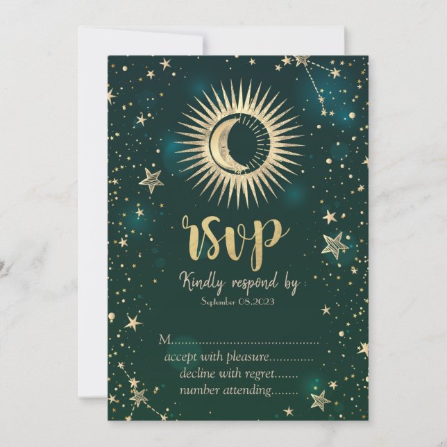 Himmligt Guld Sol Och Måne Stjärnor Grön RSVP Inbjudningar (Framsida)