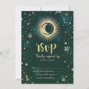 Himmligt Guld Sol Och Måne Stjärnor Grön RSVP Inbjudningar
