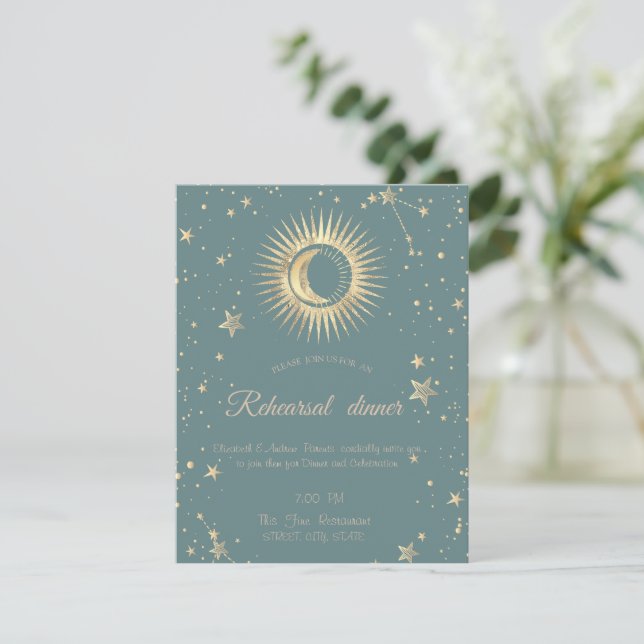 Himmligt Guld Sol Och Måne Stjärnor Mintgrön Inbjudningar (Stående Fram)