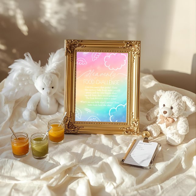 Himmligt regnbågsbaby Matutmaning Spelskylt Inbjudningar (Heavenly Rainbow Baby Food Challenge Game Sign)