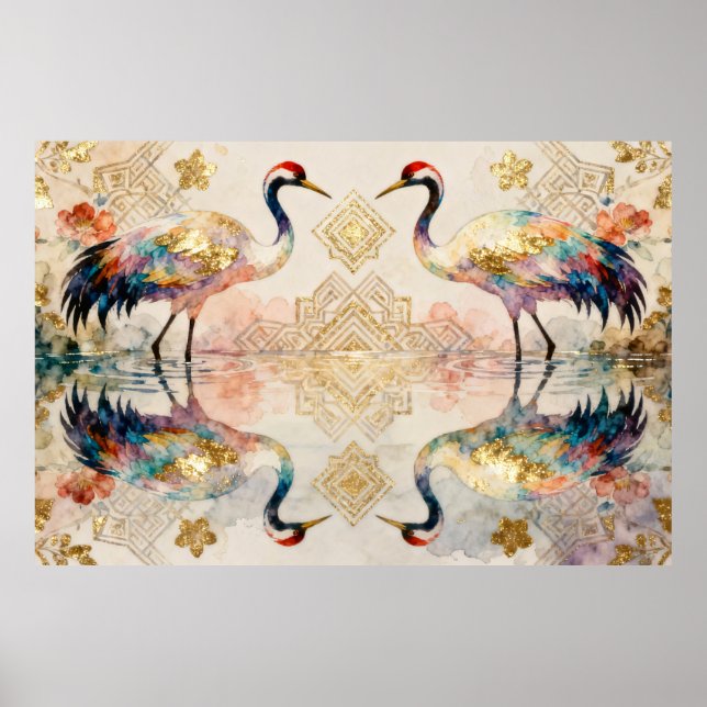 Himmlische Kraniche in Harmonie - Wasserfarben  Poster (Framsidan)