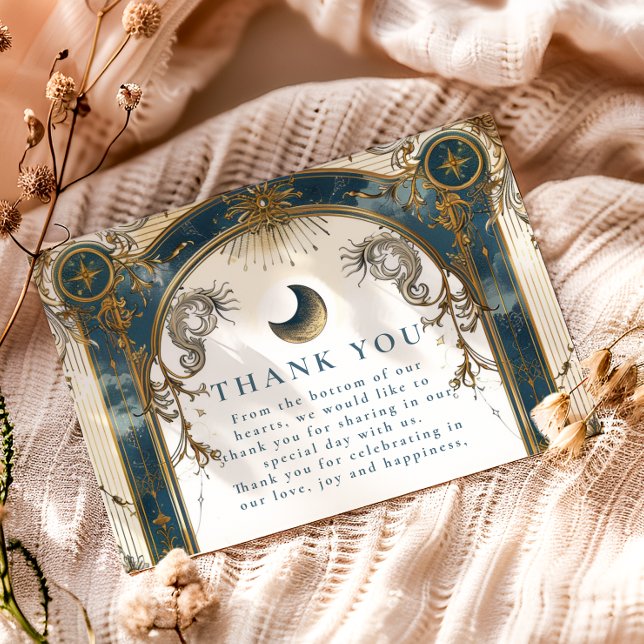 Himmlisk Art Nouveau Blå Guld Bröllop Tack Kort (Skapare uppladdad)
