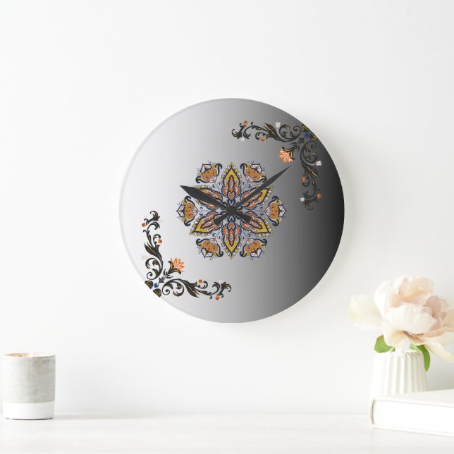 Himmlisk Blomning Svart Guld Mandala Stor Klocka (Hem)