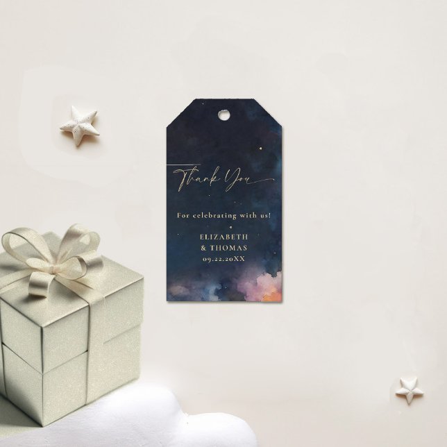 Himmlisk gåva Midnattsblå stjärnor Kosmisk galax Presentetikett (celestial gift tag wedding baby bridal shower birthday navy faux gold watercolor moon stars)