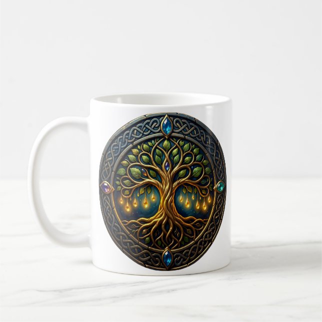 Himmlisk Ljusträd Keltiskt Gyllene Livsträd Kaffemugg (Vänster)