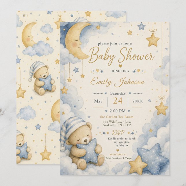 Himmlisk Teddybjörn Babyshower Inbjudningar (Fram/baksida)